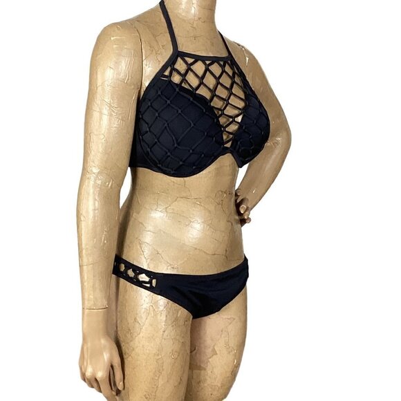 Shade & Shore Black Bikini Sexy Fishnet Macrame Sz 36DD Top XL Bottom 254A - Picture 4 of 10